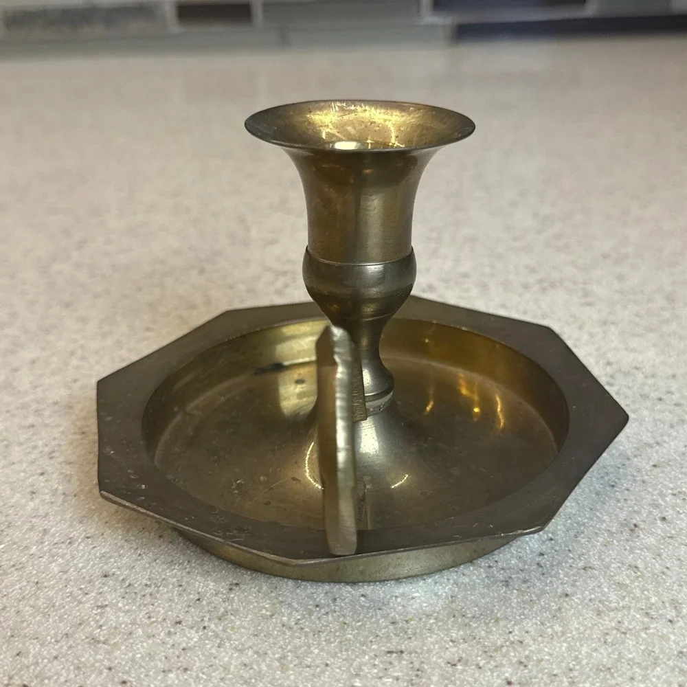 Vintage Archana Handicrafts Brass Chamberstick Candle Holder Octagon Base India